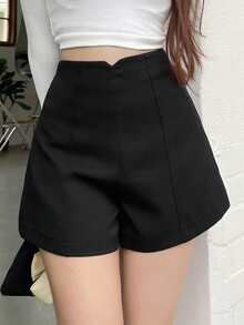 FRIFUL 女士纯黑色直筒短裤，V形腰带，修身百搭 - 黑色 - 查看 8