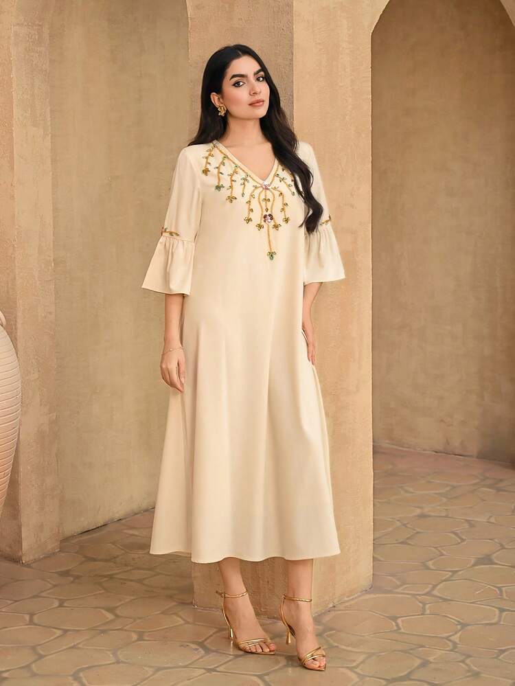 Women's Elegant Rhinestone V-Neck Flare Sleeve Dress, Spring/Summer,Wedding Guest Dress Women Sundress