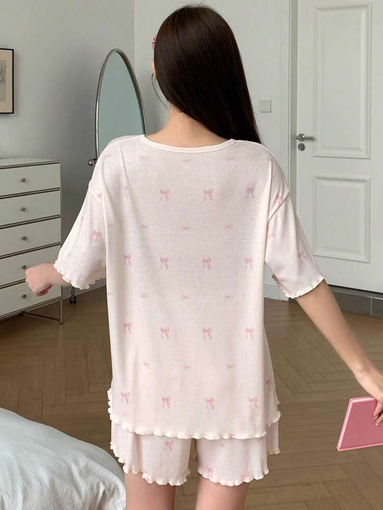 2pcs Women Bow Pattern & English Print Loose Short Sleeve Straight Shorts Pajama Set, Summer