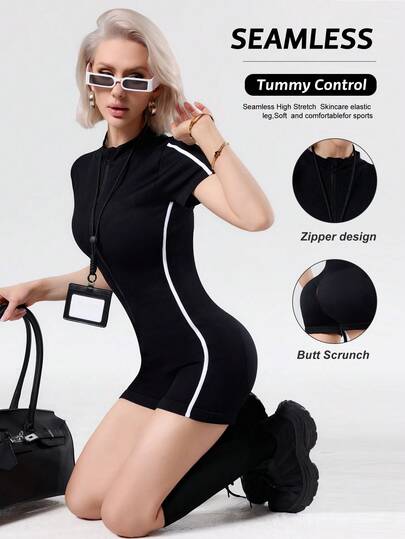 SHEIN With My Calm Women's Front Zipper Sports Jumpsuit, Ribbed Tight-Fitting Contrast Color Fashionable Stand Collar Seamless Yoga Fitness Romper