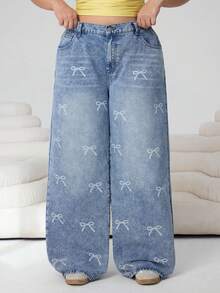 Solflare Quần jeans nữ cỡ lớn, dáng rộng, có nơ và túi, thích hợp mặc mùa xuân đến hè, đi làm, đi nghỉ mát, tốt nghiệp, phong cách Y2K, dễ thương, thời trang đường phố, dự tiệc, cưới, thanh lịch, công sở, thường ngày, dành cho nữ và thiếu nữ. Quần jeans denim dáng rộng, họa tiết nơ thời trang, thích hợp cho vẻ ngoài thường ngày. - Màu xanh lam - Xem 1