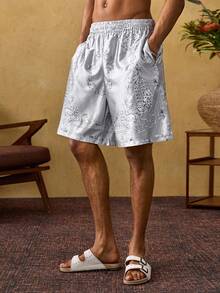 ROMWE MEN Casual Quần short nam in họa tiết, cạp chun, kiểu dáng thường ngày, thích hợp cho kỳ nghỉ. - Bạc - Xem 1
