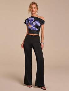 COSMINA 女士优雅短袖不对称领印花衬衫T恤，通勤、浪漫约会、日常穿着皆宜，春季必备 - 彩色 - 查看 3