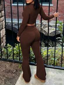 INAWLY Conjunto de 2 piezas de top corto y pantalones acampanados de unicolor casual para mujer - Café integral - Ver 3