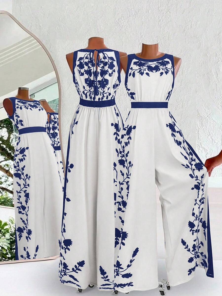 Ellevyn Bộ jumpsuit nữ thanh lịch hở lưng, dáng rộng, in họa tiết phối màu, thích hợp cho kỳ nghỉ. - Xanh và trắng - Xem 1