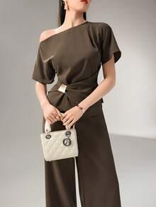 Heiryn New Design Unique Oblique Shoulder Ruched Metal Buckle Decor Elegant Commuter Top And Pants Two Pieces Set - Coffee Brown - View 3