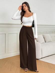 SHEIN Tall Quần ống rộng cạp cao màu trơn, kiểu dáng thường ngày, đa năng, phù hợp cho người cao, phong cách thu đông. - Rỉ Nâu - Xem 5