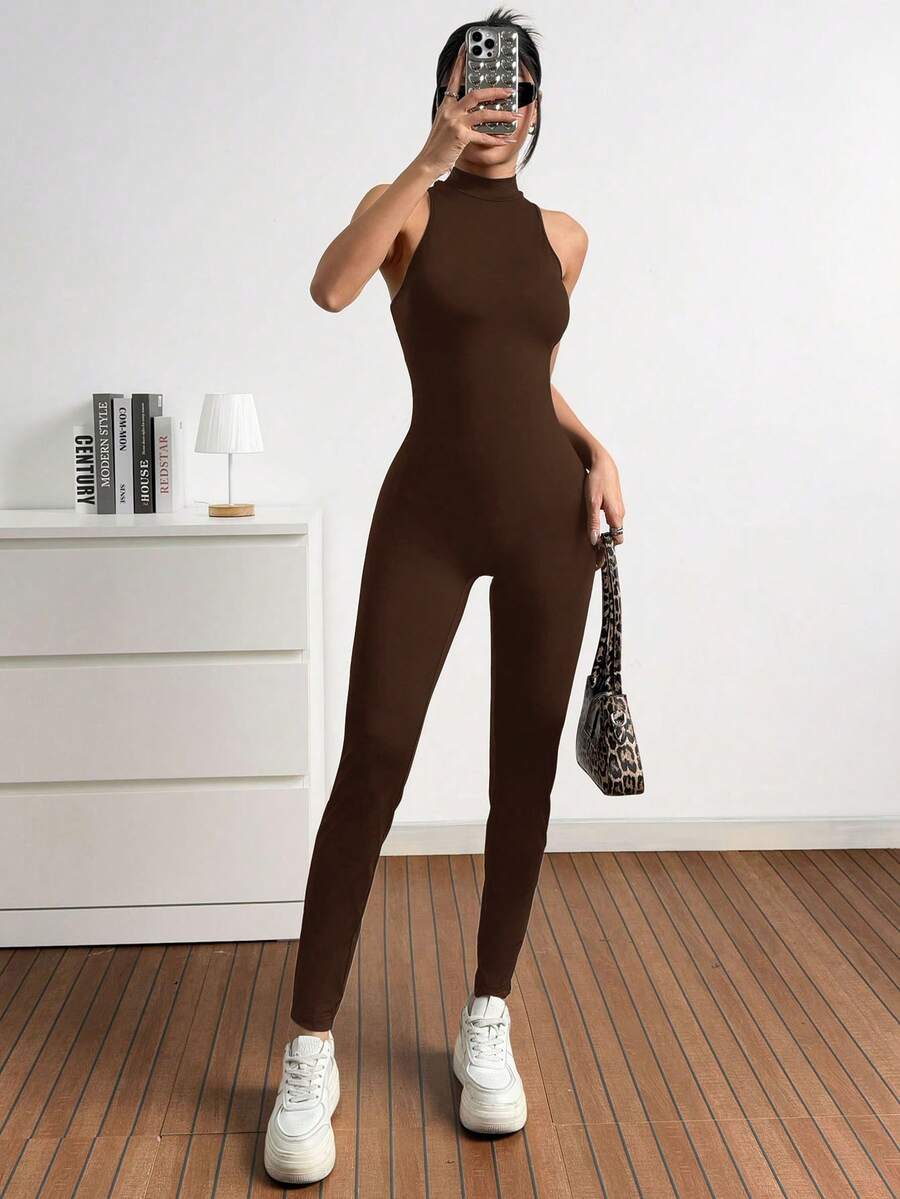 SHEIN EZwear 棕色针织无缝无袖连体裤 - 棕色 - 查看 1