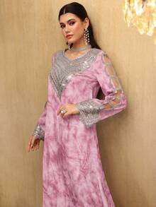 Al Najma Women's Purple Tie Dye Print Dress With Embroidery, Beaded Lace Trim, Loose Waist Design, Elegant & Slimming - Dusty Pink - View 7