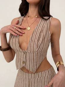 Aloruh 女士条纹不对称下摆上衣和阔腿裤休闲套装 - 棕色 - 查看 4