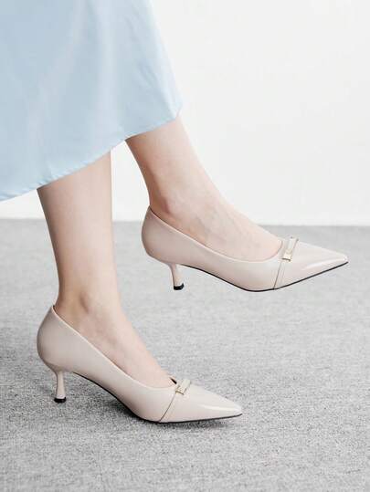 CUCCOO BIZCHIC Women's High-Heeled Shoes, Beige Patent Leather Pointed Elegant Stiletto Shoes, Comfortable Leather Inside, Gold Metal Buckle Decoration, Elegant Dating Shoes