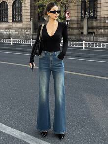 DAZY Quần jeans ống loe dáng ôm, thanh lịch kiểu cao bồi miền Tây dành cho nữ, có túi rách, phù hợp cho mùa xuân và mùa thu (phong cách Y2K). - Màu xanh lam - Xem 4
