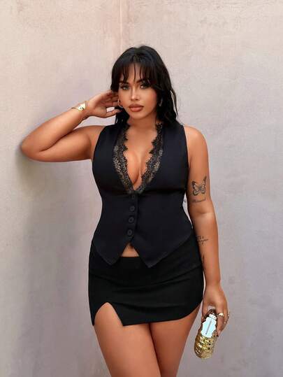 Rustia 大码无袖深V领花卉拼接开襟优雅简约性感度假派对日常穿着女式西装外套