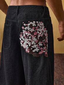 ROMWE MEN Street Life Bermudas casuales de mezclilla con bordado de sakura en el bolsillo para hombre - Azul - Ver 2