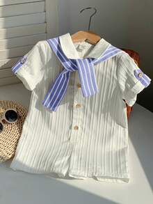 Bubblio 男女宝宝休闲学院风白色纹理短袖衬衫，条纹披肩领连体短裤，适合春夏居家或户外穿着 - 白色 - 查看 3