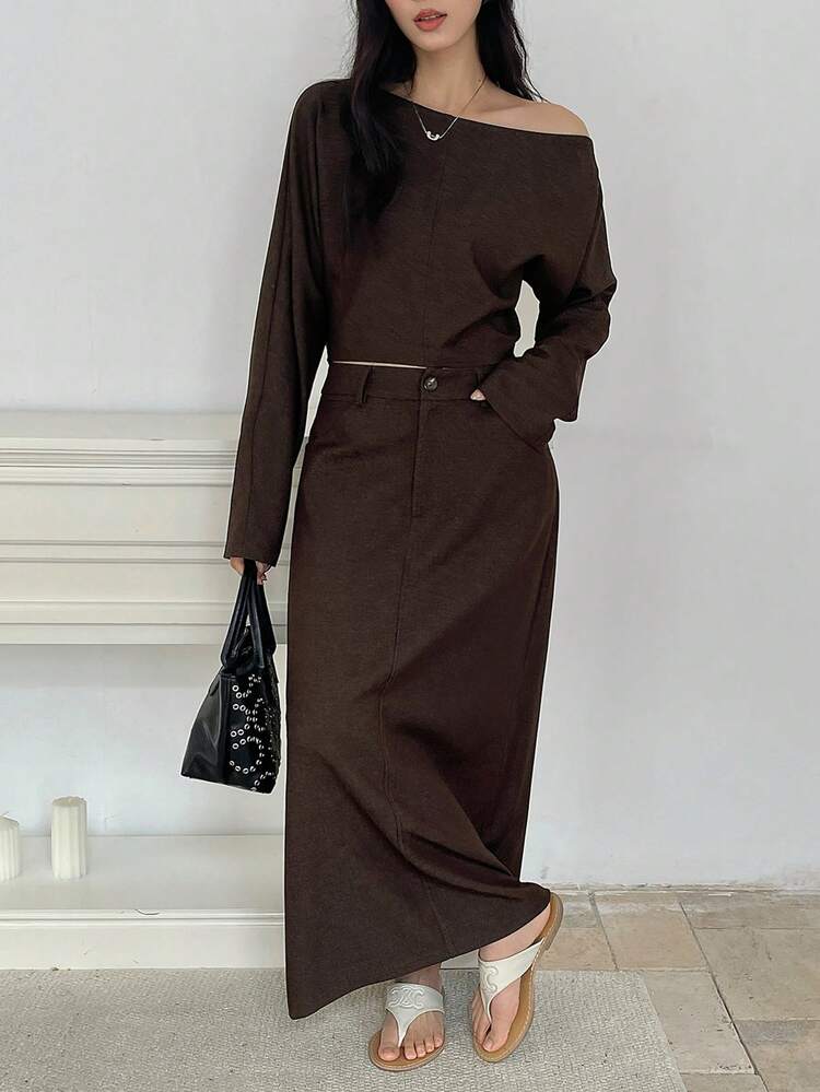 Women's Casual Commuter Solid Color Asymmetric Collar Top And Skirt 2 Pieces Set