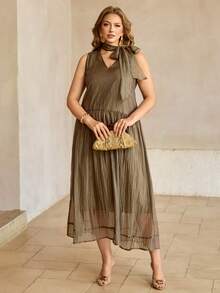 Roveilla Elegant Plus Size Casual Brown Pleated Woven Fabric Long Dress With Choker Neck And Ruffle Hem - Brown - View 5