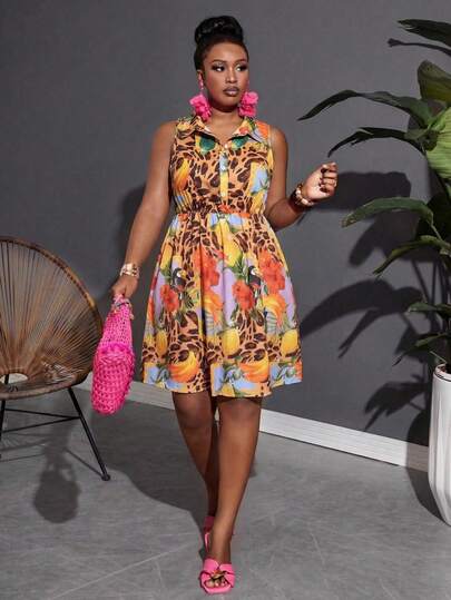 Slaydiva Spring/Summer New Plus Size Casual Sleeveless Shirt Collar Half Button Up Dress/Bohe/Music Festival/Easter/St. Patrick's Day/Western Style/ Nomadic Style/ Birthday Party/ Graduation/Casual Daily Outfit/Vacation/Cruise Travel/Beach/Sunbathing/Valentine's Day/Fashion Influencer Style/Commuting Style/Commuting Style/Summer Floral Patterns