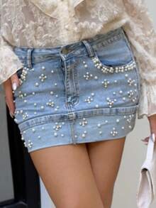Cioccolato Women's Fashion Pearl Decor Pocket Denim Mini Skirt - Blue - View 3