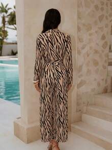 Swim Chiccia 2pcs Women Zebra Print Tie Front Top And Regular Pants Beach Outfit - Multicolor - View 2