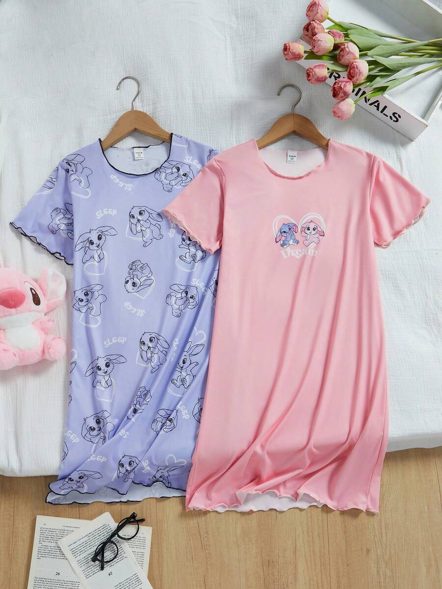 2件套女童卡通印花针织短袖睡衣家居服，春夏款 - 彩色 - 查看 1