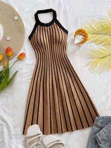 Breezaya Women Striped Halter Neck Sleeveless Fashionable Knitted Sweater Dress - Brown - View 8