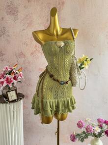 Elamini Women's Green Fashionable Versatile Beach Vacation Style Knitted Cropped Dress, Summer - Green - View 1