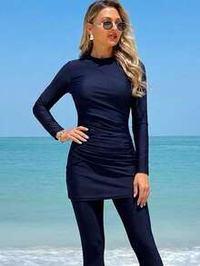 Swim Mulvari 2pcs Women's Middle Eastern Style Modest Burkini Set, Navy Blue Pleated Burkini Top And Long Pants, Elegant Middle Eastern Inspired Swimwear - Navy Blue - View 6