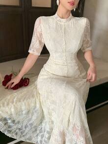 DAZY Women's Elegant Textured Lace Round Neck Long Dress, Suitable For Spring & Summer - Beige - View 9