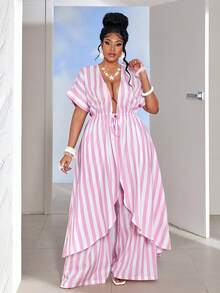 Maweii Ensemble cardigan rose rayé à nouer grande taille - Rose bonbon - Voir 4