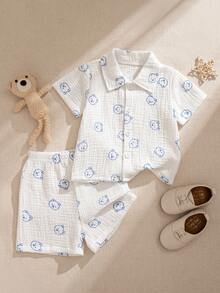 Souflis Souflis 2件套法国新款夏季男婴0-3岁白色短袖可爱小熊印花套装，适合度假、玩耍、外出、购物、上学及其他场合。 - 白色 - 查看 2