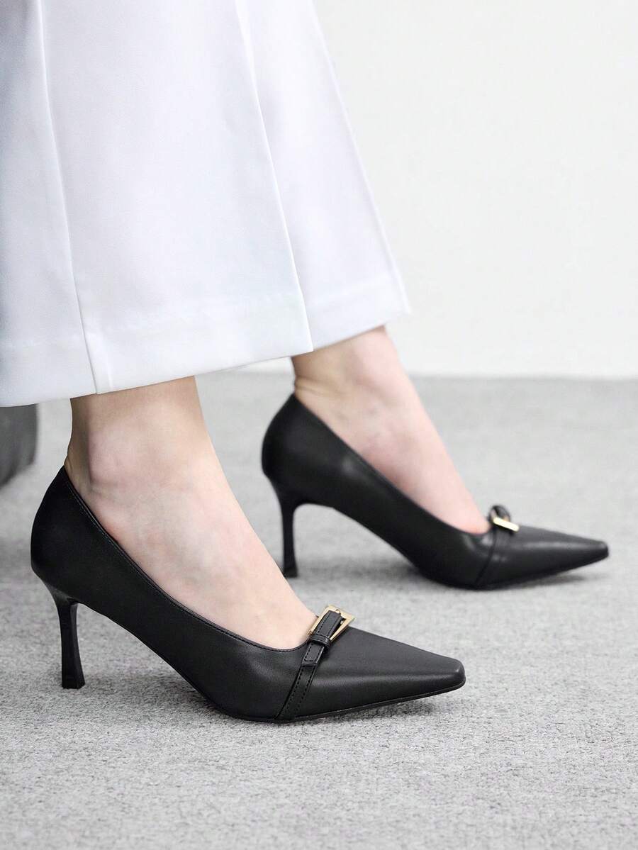 CUCCOO BIZCHIC 女士鞋履 春秋新款 法式小方头细高跟黑色搭扣简约优雅通勤舒适女鞋 - 黑色 - 查看 1