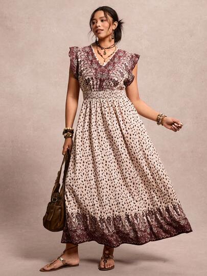 Freevana Plus Size Damklänning Med Cashewnötter Och Rynkade Ärmar Och Knytband I Midjan