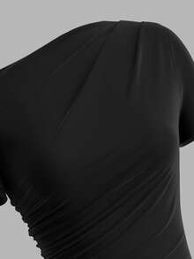 SHEIN Tall 3件套女士休闲纯色不对称领口褶皱T恤，黑色+棕色+白色，夏季 - 彩色 - 查看 5