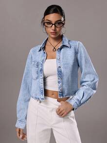 TRNVIE Women's Casual Everyday Commute Patchwork Pocket Cropped Denim Jacket, Spring/Autumn - Light Wash - View 4