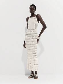 SHEIN Luminelle New Hollow Out Sheer Vacation Spaghetti Strap V-Neck Sleeveless Knit Dress - Beige - View 4