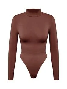 SHAPORA 无缝女士高领长袖显瘦连体裤，女士基础塑身连体裤，可作外衣穿着 - 咖啡棕 - 查看 8