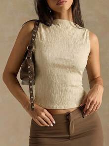 SHEIN BAE Áo tank top ngắn ôm dáng, tối giản, màu trơn, chất liệu vải có họa tiết, dành cho nữ, thích hợp cho kỳ nghỉ hè và đi làm. - Màu be - Xem 4
