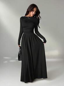 SHEIN PETITE Đầm nữ thanh lịch màu trơn, thắt eo - màu đen - Xem 7