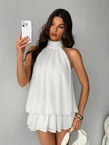 SHEIN Tall 优雅的浅黄色无袖系领迷你连衣裙，适合派对、约会、秋冬季和春夏季穿着。 - 白色 - 查看 7