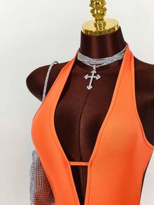 Amplova Deep V-Neck Metal Belt Buckle Decor Slit Pleated Bodycon Dress - Orange - View 4