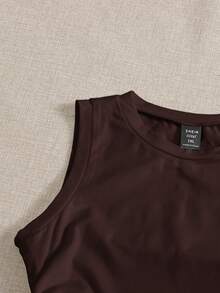 SHEIN EZwear Atasan Wanita Polos Leher Bulat Kasual Serbaguna untuk Pemakaian Sehari-hari, Atasan Musim Panas - Chocolate Brown - View 5