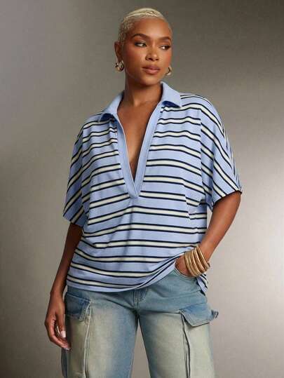 Denimoi Plunge Neck Collared Oversized Striped Polo Top Fashionable Tops