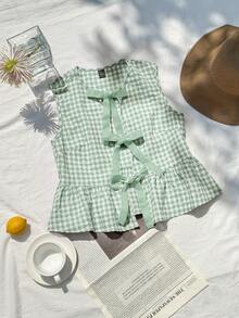 Comfortcana Camisa sin mangas con botones a cuadros verde oliva para mujer - Verde Oliva - Ver 3