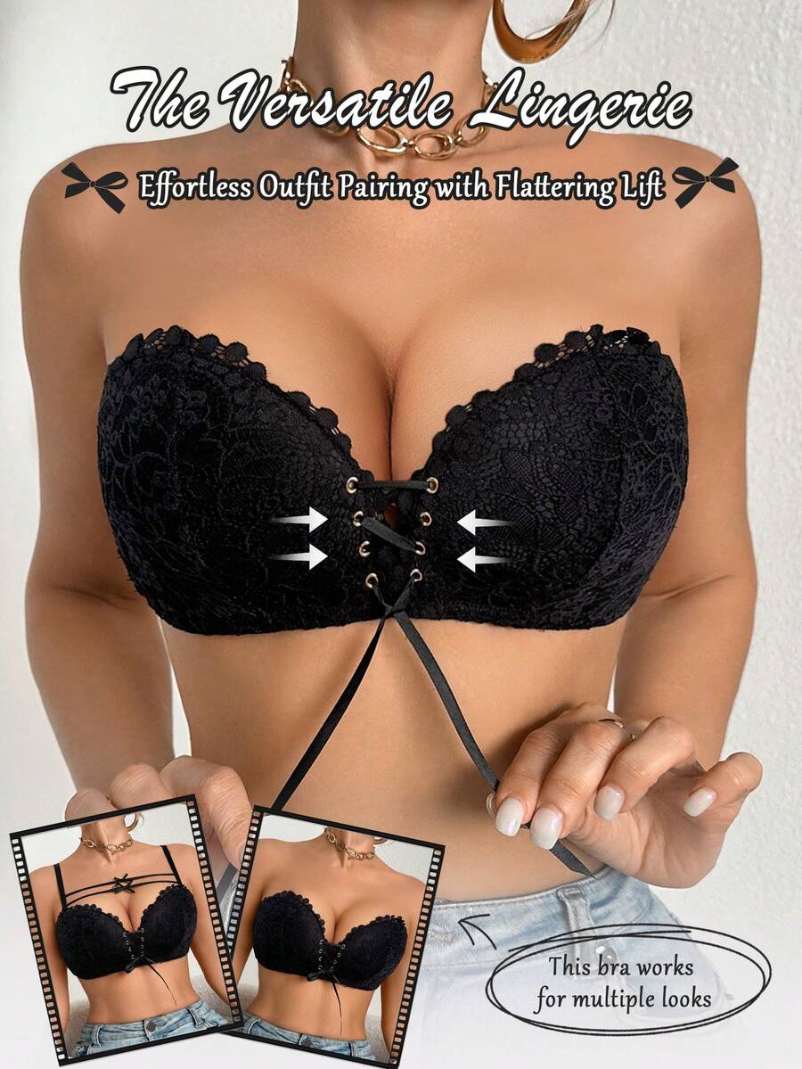 DesireSculpt 女士无钢圈蕾丝衬垫文胸，舒适支撑，黑色，1件装 - 黑色 - 查看 1