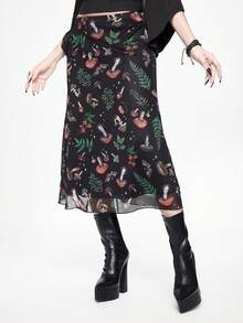 ROMWE Fairycore 女士深色蘑菇植物印花A字裙 - 彩色 - 查看 8