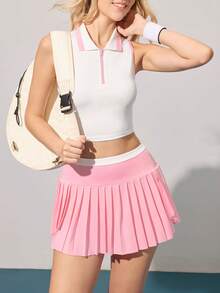CourtClass 2pcs/Set Women's Summer Contrast Trim Cropped Tank Top And Pleated Mini Skirt Tennis Outfit - Multicolor - View 7
