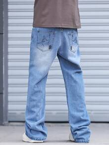 Manfinity Homme Plain Long Light Wash Wide Leg Denim Jeans For Men Casual Modern Style With Zipper - Light Wash - View 2