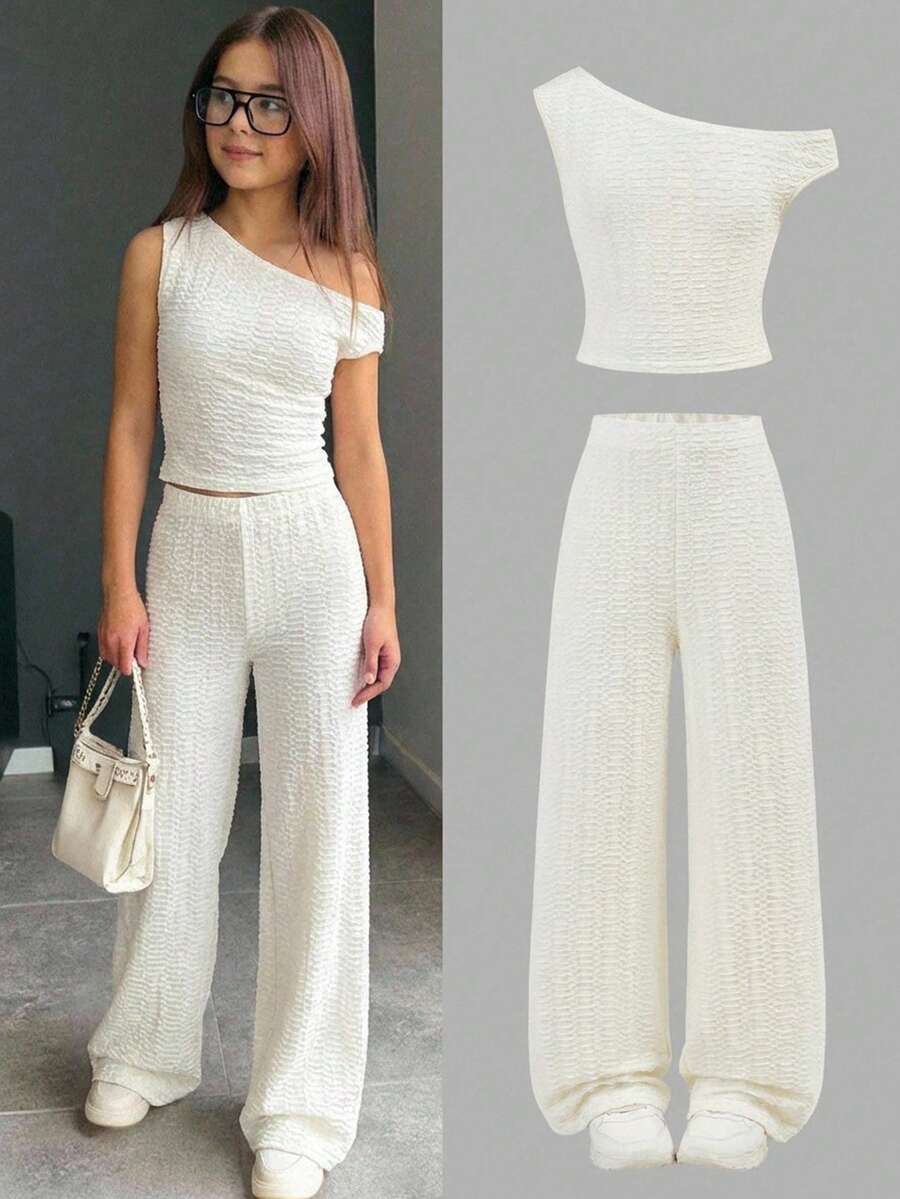 Firerie Kids 少女杏色纹理面料不对称肩部上衣+宽松长裤两件套，休闲时尚，百搭，适合派对、郊游、姐妹合照、公园、露营、度假、日常休闲等场合。 - 杏色 - 查看 1