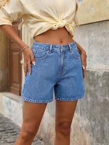 EMERY ROSE Women's Solid Color Slant Pocket Casual Versatile Denim Shorts - Light Wash - View 6